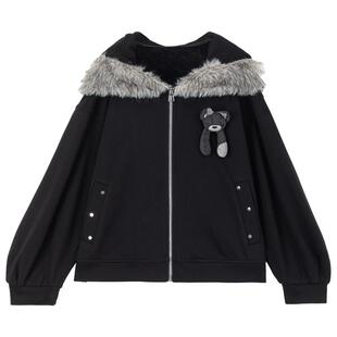 KEIKO 甜酷毛绒连帽卫衣套装2026新款加绒加厚外套+休闲裤两件套