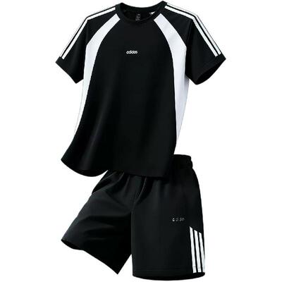 adidas夏季跑步健身短袖两件套
