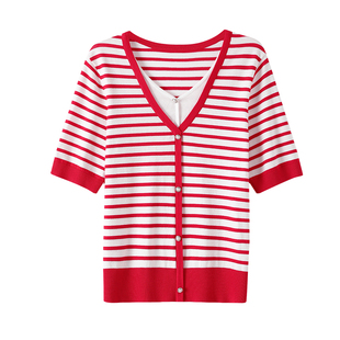 【音符针织衫】OSA欧莎通勤V领假两件条纹毛衫女2025夏季新款上衣