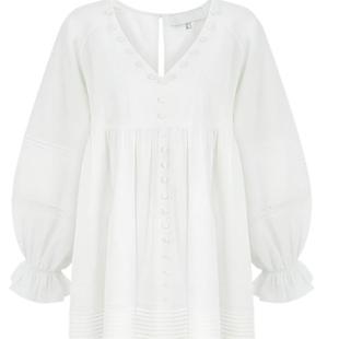 连衣裙女夏新款 亚麻宽松通勤灯笼袖法式镂空v领长袖小个子衬衫裙