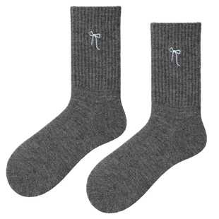 袜子女中筒袜羊毛加厚保暖冬灰色条纹长袜搭配勃肯鞋miu系堆堆袜