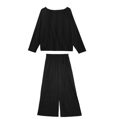 曾小咸大码女装 微胖mm韩系斜肩露肩长袖早秋季单穿上衣两件套装