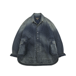 西里布牛仔条纹廓形衬衣外套男日系复古拔染水洗做旧宽松休闲衬衫
