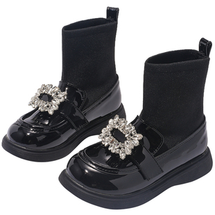 ABCdoukids女童靴子2025秋冬新款黑色公主风袜靴时尚百搭儿童皮靴