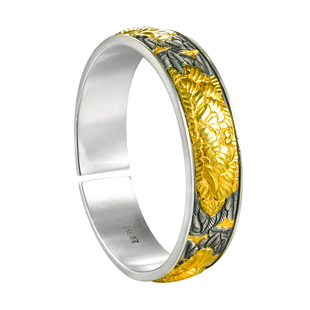 九乐足银999银手镯女金银错大金片富贵牡丹花开口手镯高工银镯子