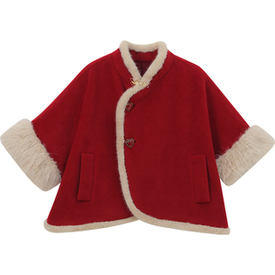 女童马面裙套装冬装2025新款儿童拜年服女孩新年装红色斗篷两件套