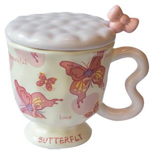 蝴蝶马克杯高脚陶瓷咖啡杯子家用带盖勺早餐杯送女生日伴手礼水杯