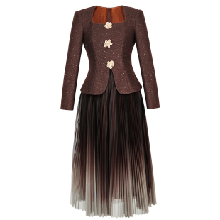 春季女装新款长袖连衣裙女气场强大轻奢假两件法式高级感宴会礼服