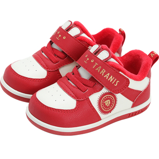 泰兰尼斯冬季新年款宝宝学步鞋加厚保暖红色童鞋男女童防滑机能鞋