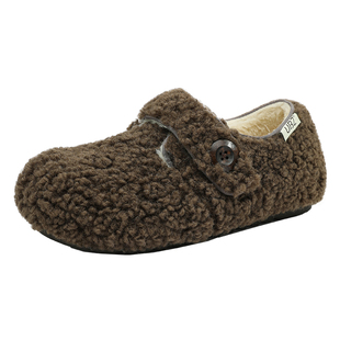 UBZ 加绒厚底咖色勃肯鞋女毛绒包跟保暖内增高魔术贴羊羔毛毛棉鞋