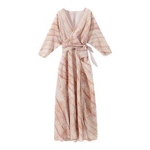 【真丝艺术宣言】法式晕染印花V领围裹系带七分袖中长款连衣裙