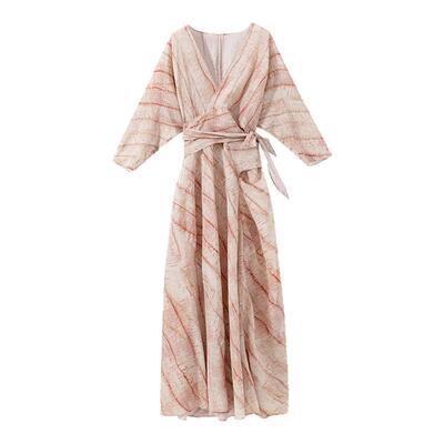 【真丝艺术宣言】法式晕染印花V领围裹系带七分袖中长款连衣裙