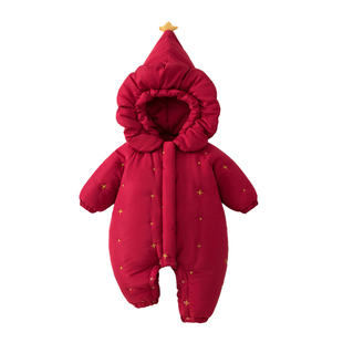 哇哇婴儿外出服冬装拜年服新款加厚棉服连体宝宝衣服夹棉保暖连帽