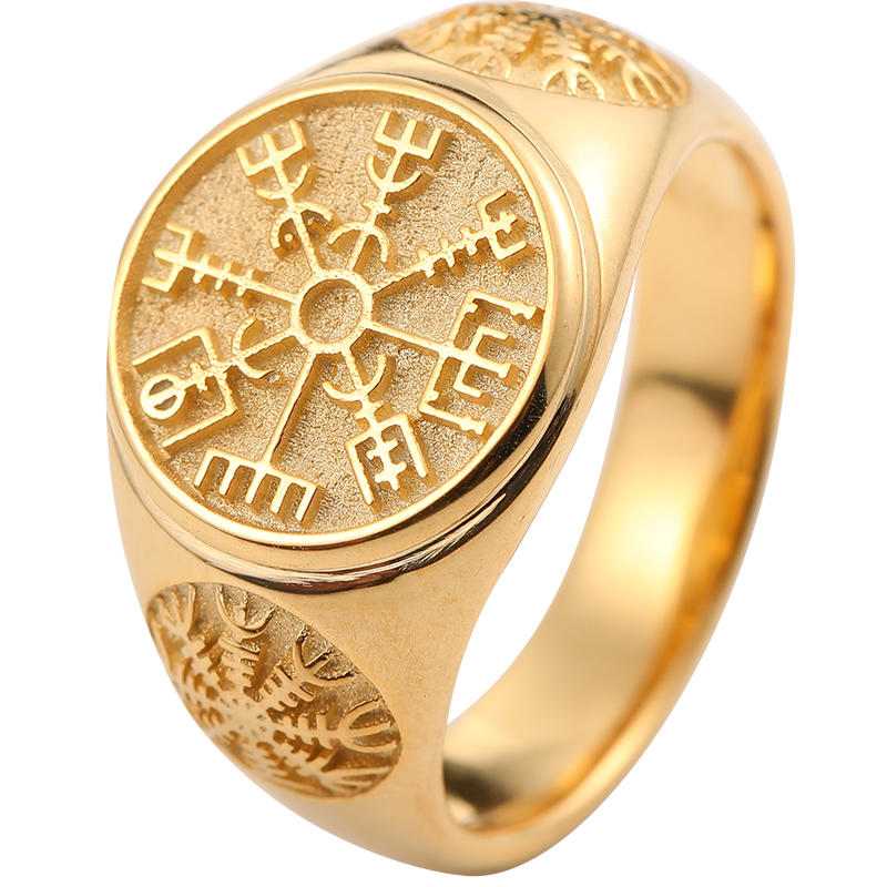 维京罗盘指南针戒指18K黄金铂金北欧神秘平安符号轻奢足金男士戒
