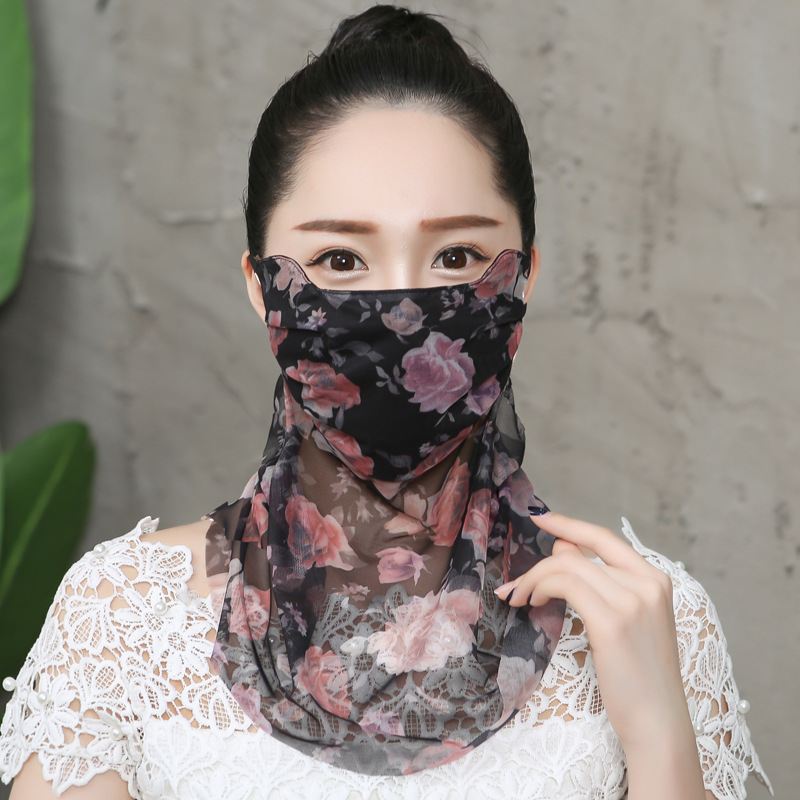 夏季防晒冰丝口罩面纱脖子小清洗薄可透气丝巾款两用护淑女印花