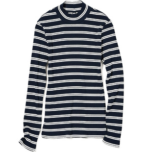 出口日本外贸秋冬女装棉质罗纹弹力修身条纹半高领长袖打底针织衫