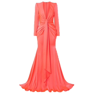 粉红色晚礼服高端大气性感低胸模特派对酒会晚宴年会连衣裙长款女