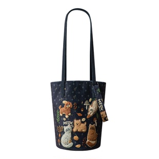 拾嘉水桶包帆布包女牛仔森系猫狗大容量单肩斜挎原创高级感手提包