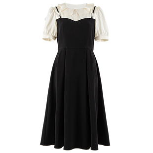 衣纱布菲雅画法式假两件连衣裙夏装女收腰原创雪纺小黑裙