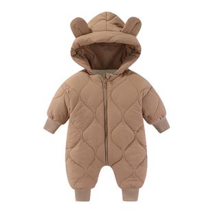 秋冬新生儿婴儿连体衣加绒加厚宝宝冬装棉服夹棉哈衣外出拉链抱衣
