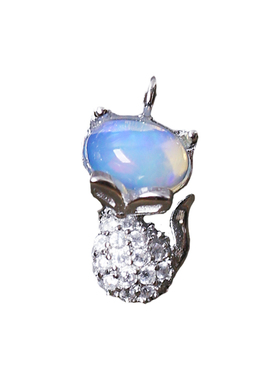 精品彩宝 天然欧珀裸石纯银镶嵌小狐狸吊坠 女款欧泊饰品火彩好