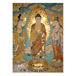 敦煌西方三圣卷轴挂画家用挂墙三尺三防水复古佛堂画像装饰画