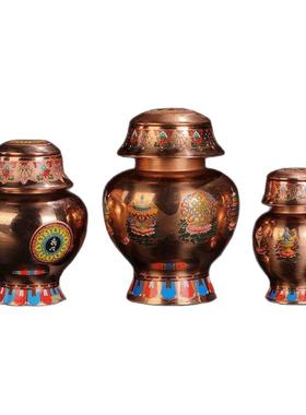 红铜本色宝瓶印花彩绘八吉祥铜宝瓶家居装饰供佛摆件八宝六字空瓶