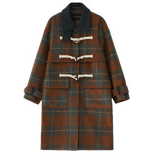 鹿与飞鸟日系学院风仿牛角扣长款圣诞红格子毛呢外套呢子大衣2色