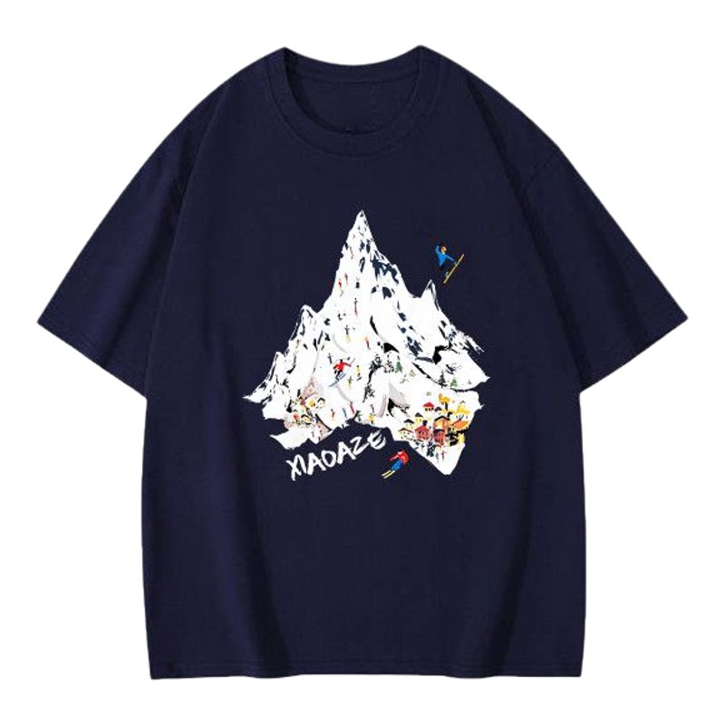 夏季新款2026趣味雪山滑雪印花短袖T恤男女同款百搭潮流纯棉上衣