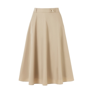 朗姿集团LIME莱茵深米色高腰A摆半裙镶钻logo腰带装饰过膝百搭裙