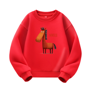 亲子装卫衣马年红色卡通马图案时尚情侣装男童秋冬女童宝宝儿童潮