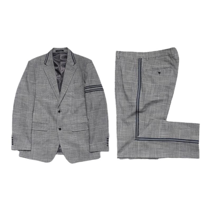 川泽灰色格子织带拼接西服套装