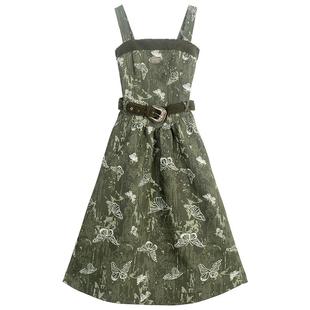 KEIKO高级感色织提花吊带连衣裙25早秋蝴蝶花纹打揽显瘦背带长裙