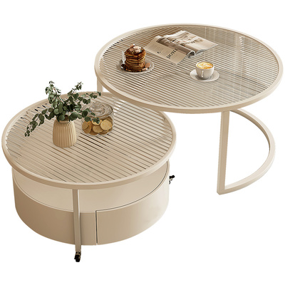 执竹者玻璃岩板移动茶几奶油风