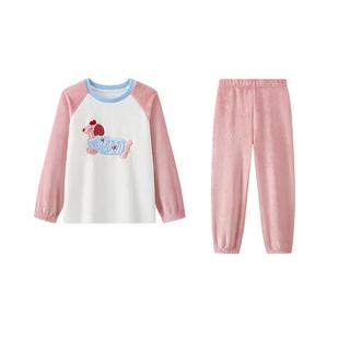 笛莎儿童法兰绒加厚短毛绒家居服套装冬季女童新款圆领套头睡衣