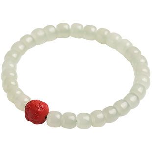 心斋堂【新颜】天然冰透油青和田玉老型珠佛珠手串朱砂手链单圈女