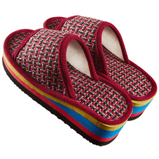 春秋亚麻拖鞋厚底男女情防滑坡跟居家用室内纯手工布拖鞋高跟大码