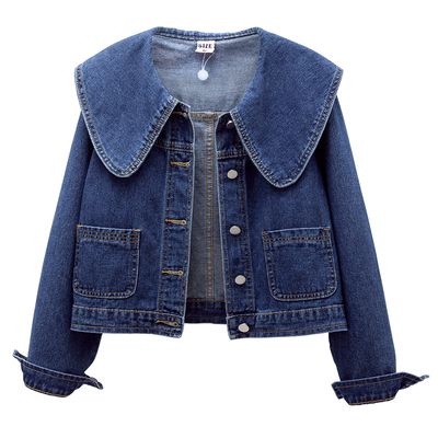宽松海军领短款牛仔外套女开衫春