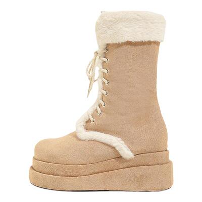 2024冬季新款厚底加绒骑士靴韩版中筒马丁靴保暖毛毛雪地靴女靴