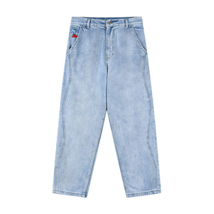 MindError 小象刺绣拼接秋季宽松阔腿直筒滑板裤潮牌休闲牛仔裤男