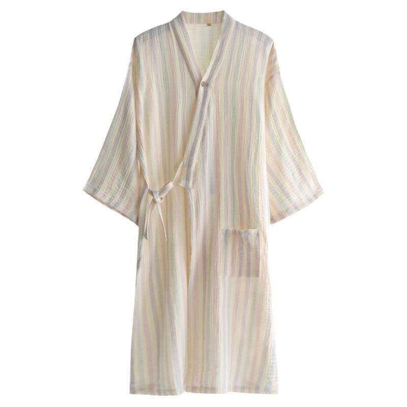 彩虹条和服睡袍女士春秋夏季纯棉纱布薄款宽松汗蒸浴袍家居服睡衣