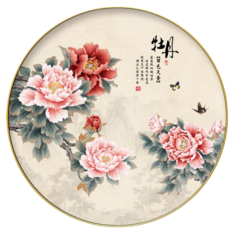 牡丹花鸟装饰画圆形金箔画浮雕画