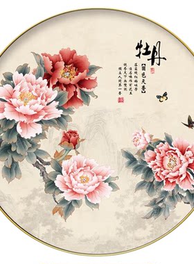 牡丹花鸟装饰画圆形金箔画浮雕画
