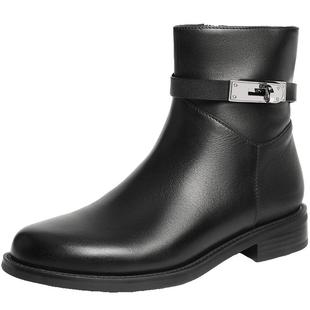 百丽女靴真皮通勤时装靴冬新款粗跟瘦瘦靴绒面中筒短靴3QF48DD5