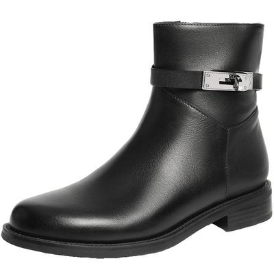 百丽女靴真皮通勤时装靴冬新款粗跟瘦瘦靴绒面中筒短靴3QF48DD5