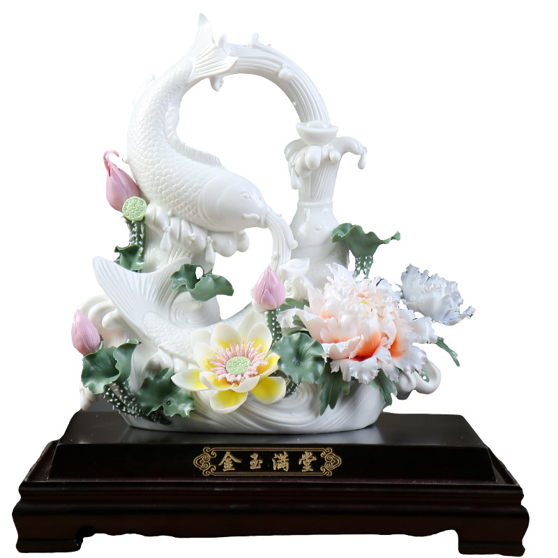 金玉满堂陶瓷荷花鱼摆件