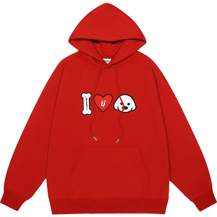 GUUKA&matsui联名红色加绒加厚卫衣女小狗针织连帽衫落肩上衣宽松