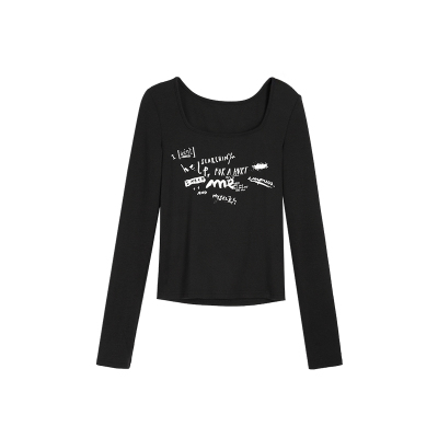 方领修身针织上衣女显瘦打底T恤