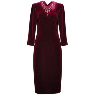 商场同款皮尔卡丹女装秋季新款复古典雅丝绒礼服连衣裙