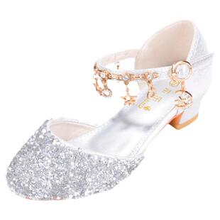 公主鞋女童包头鞋小孩子亮闪闪银色学生走秀演出水晶鞋儿童高跟鞋